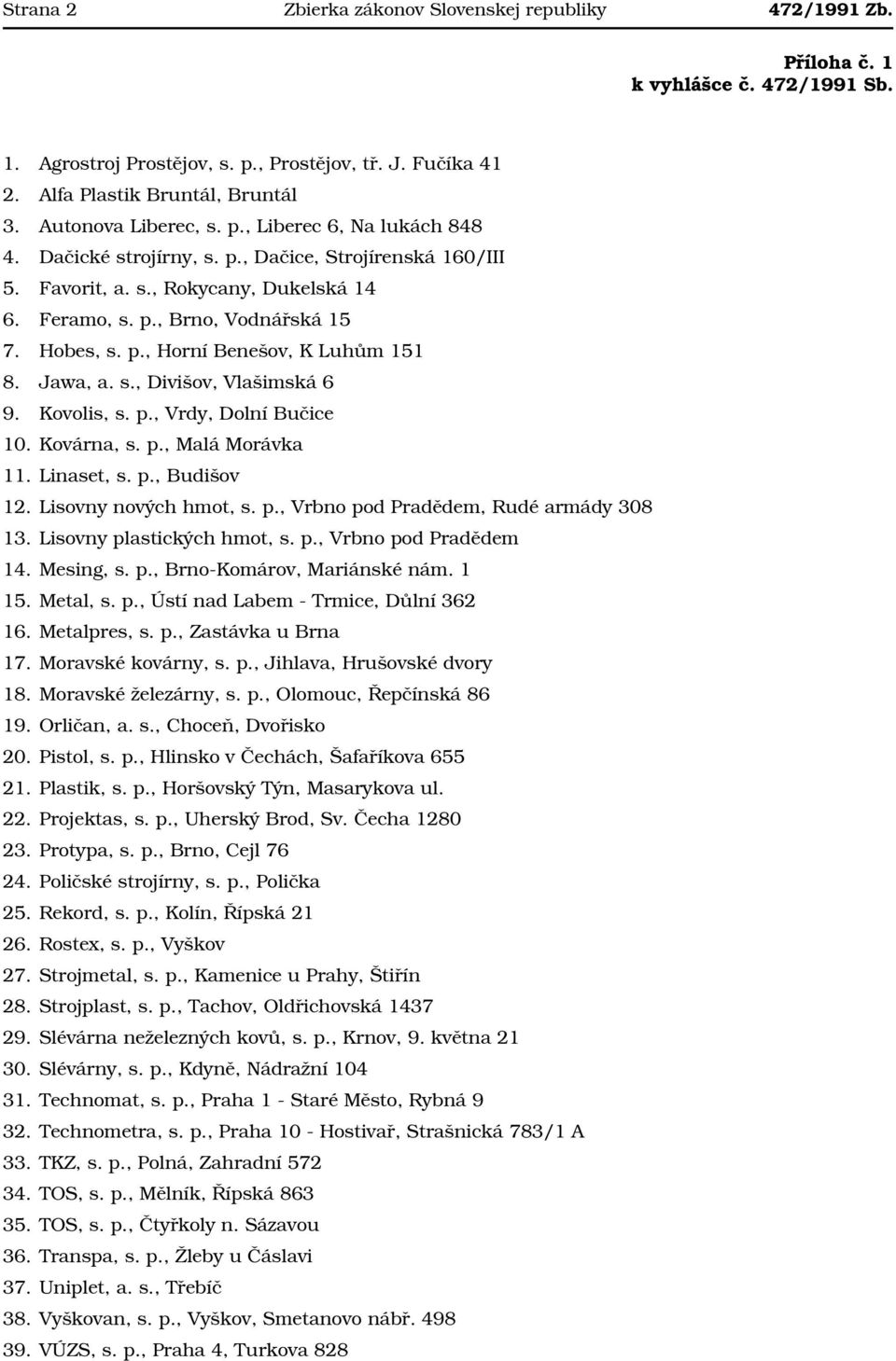 p., Horní Benešov, K Luhům 151 8. Jawa, a. s., Divišov, Vlašimská 6 9. Kovolis, s. p., Vrdy, Dolní Bučice 10. Kovárna, s. p., Malá Morávka 11. Linaset, s. p., Budišov 12. Lisovny nových hmot, s. p., Vrbno pod Pradědem, Rudé armády 308 13.