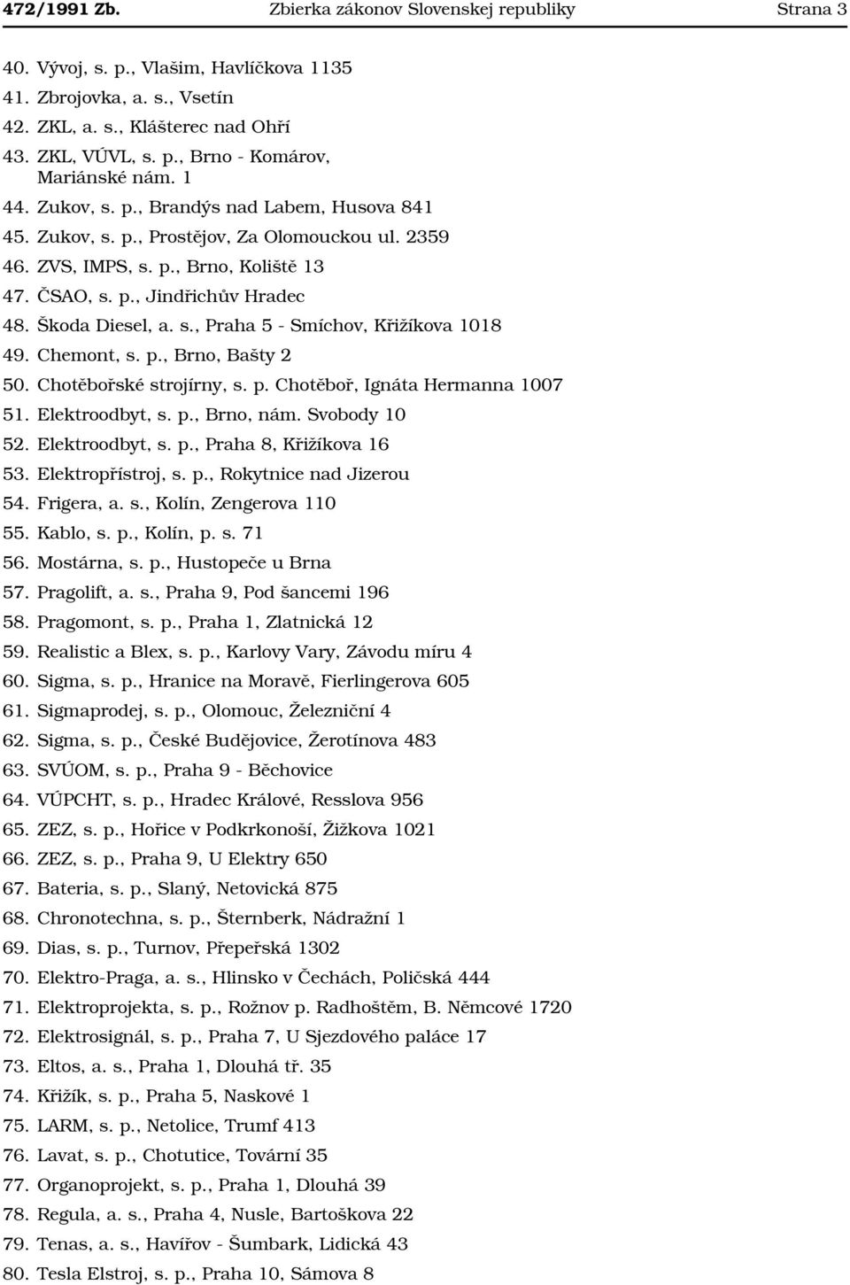 Chemont, s. p., Brno, Bašty 2 50. Chotěbořské strojírny, s. p. Chotěboř, Ignáta Hermanna 1007 51. Elektroodbyt, s. p., Brno, nám. Svobody 10 52. Elektroodbyt, s. p., Praha 8, Křižíkova 16 53.