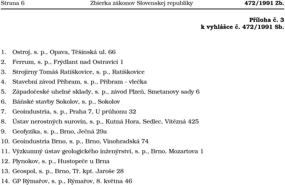 Geoindustria, s. p., Praha 7, U průhonu 32 8. Ústav nerostných surovin, s. p., Kutná Hora, Sedlec, Vítězná 425 9. Geofyzika, s. p., Brno, Ječná 29a 10. Geoindustria Brno, s. p., Brno, Vinohradská 74 11.