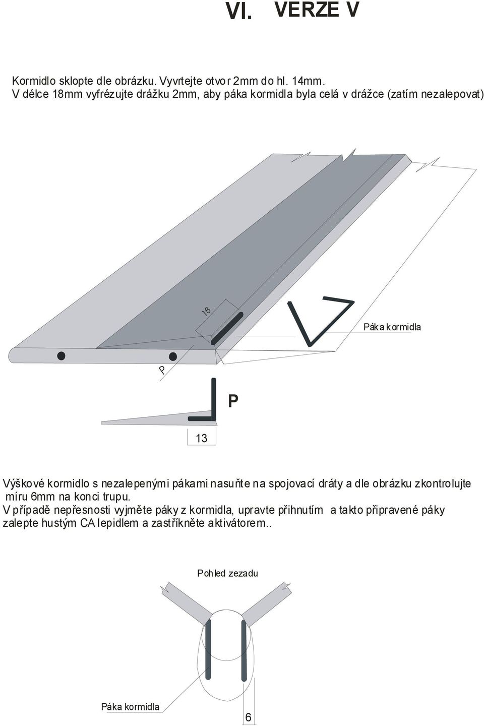 kormidlo s nezalepenými pákami nasuňte na spojovací dráty a dle obrázku zkontrolujte míru 6mm na konci trupu.