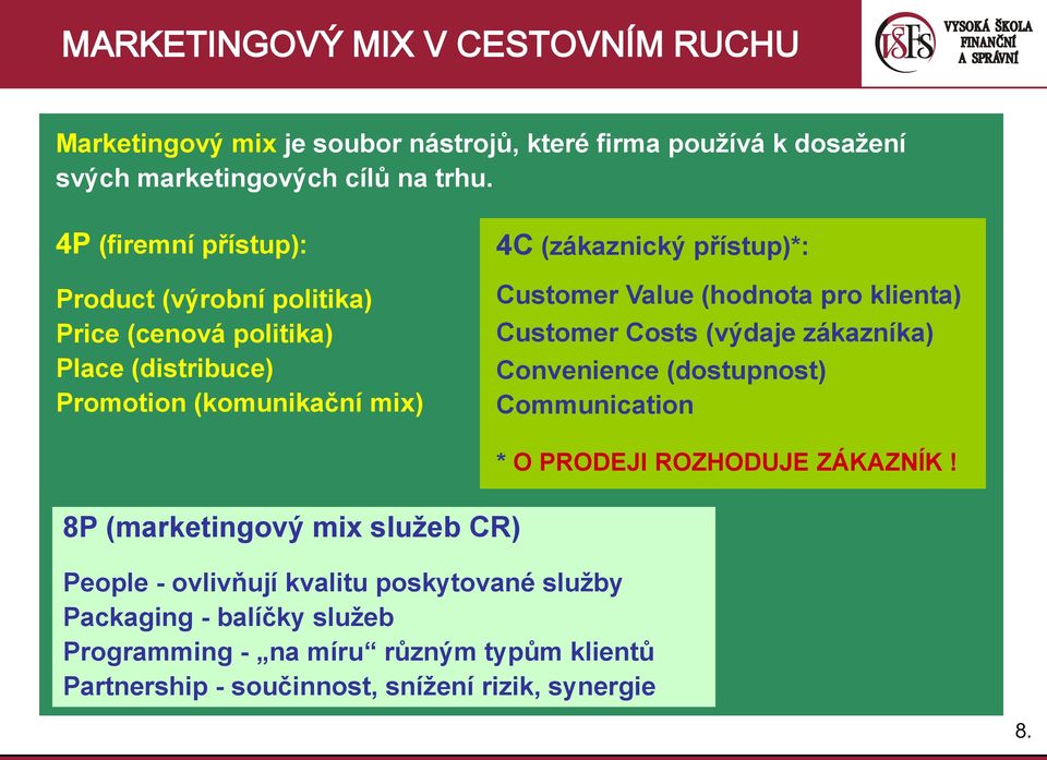 Value (hodnota pro klienta) Customer Costs (výdaje zákazníka) Convenience (dostupnost) Communication 8P (marketingový mix služeb CR) People - ovlivňují