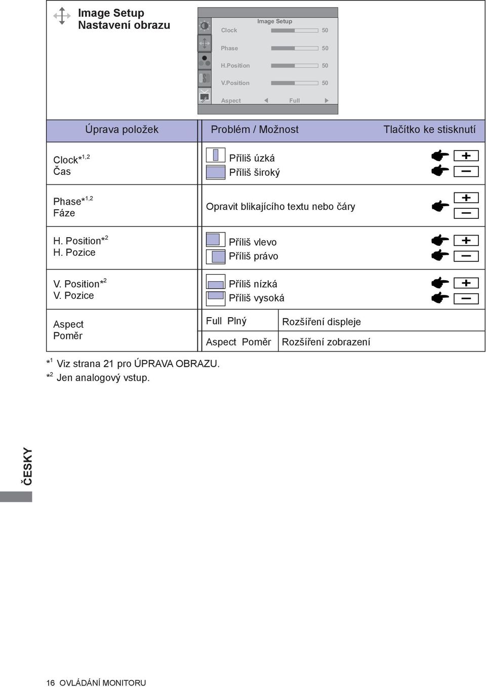 1,2 Fáze Opravit blikajícího textu nebo čáry H. Position* 2 H. Pozice V. Position* 2 V.