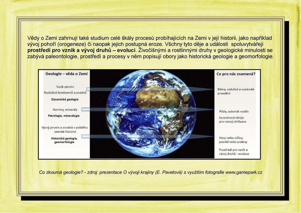 Živočišnými a rostlinnými druhy v geologické minulosti se zabývá paleontologie, prostředí a procesy v něm popisují obory jako