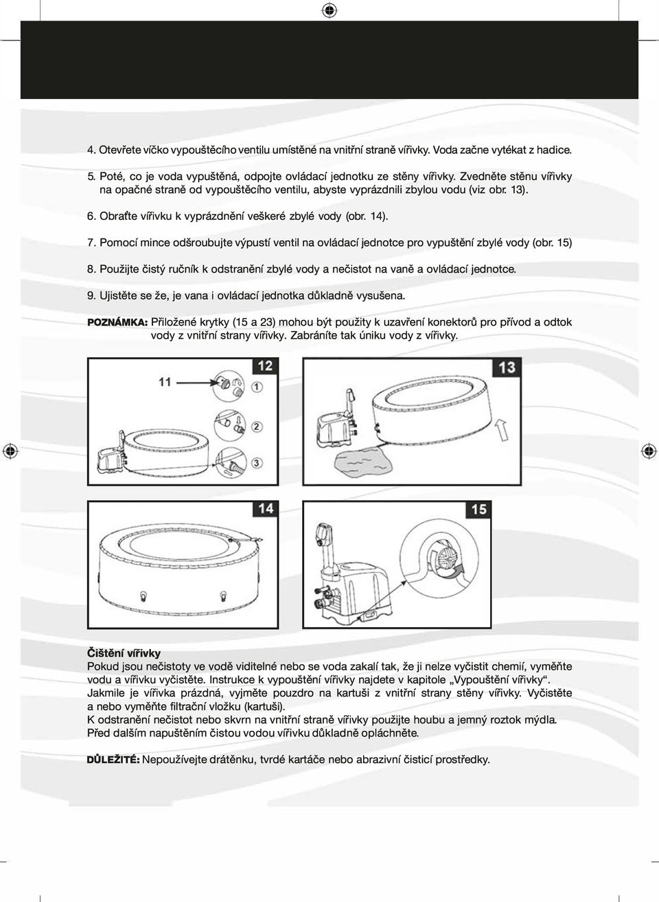 Pomocí mince odšroubujte výpustí ventil na ovládací jednotce pro vypuštění zbylé vody (obr. 15) 8. Použijte čistý ručník k odstranění zbylé vody a nečistot na vaně a ovládací jednotce. 9.