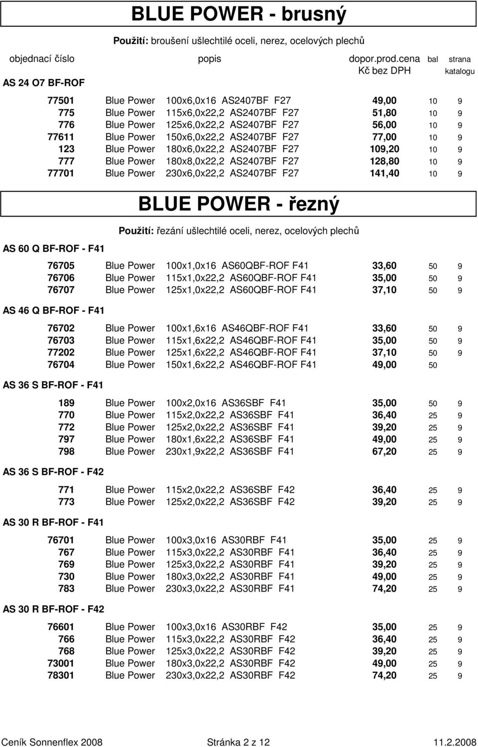 Power 150x6,0x22,2 AS2407BF F27 77,00 10 9 123 Blue Power 180x6,0x22,2 AS2407BF F27 109,20 10 9 777 Blue Power 180x8,0x22,2 AS2407BF F27 128,80 10 9 77701 Blue Power 230x6,0x22,2 AS2407BF F27 141,40