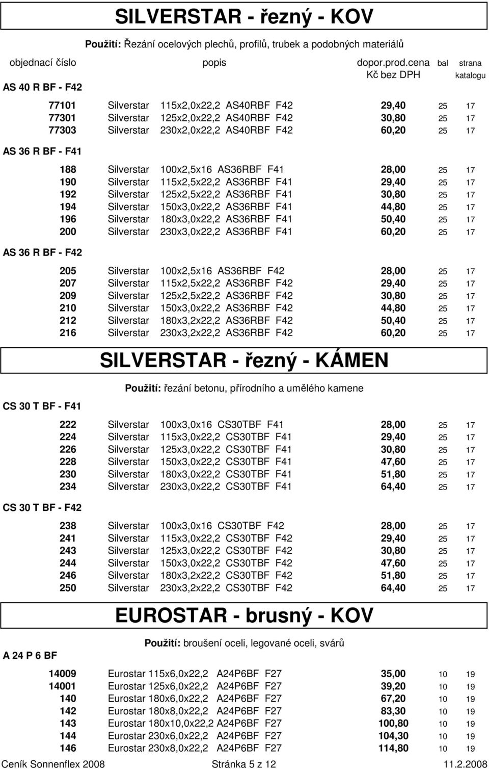 AS40RBF F42 29,40 25 17 77301 Silverstar 125x2,0x22,2 AS40RBF F42 30,80 25 17 77303 Silverstar 230x2,0x22,2 AS40RBF F42 60,20 25 17 188 Silverstar 100x2,5x16 AS36RBF F41 28,00 25 17 190 Silverstar