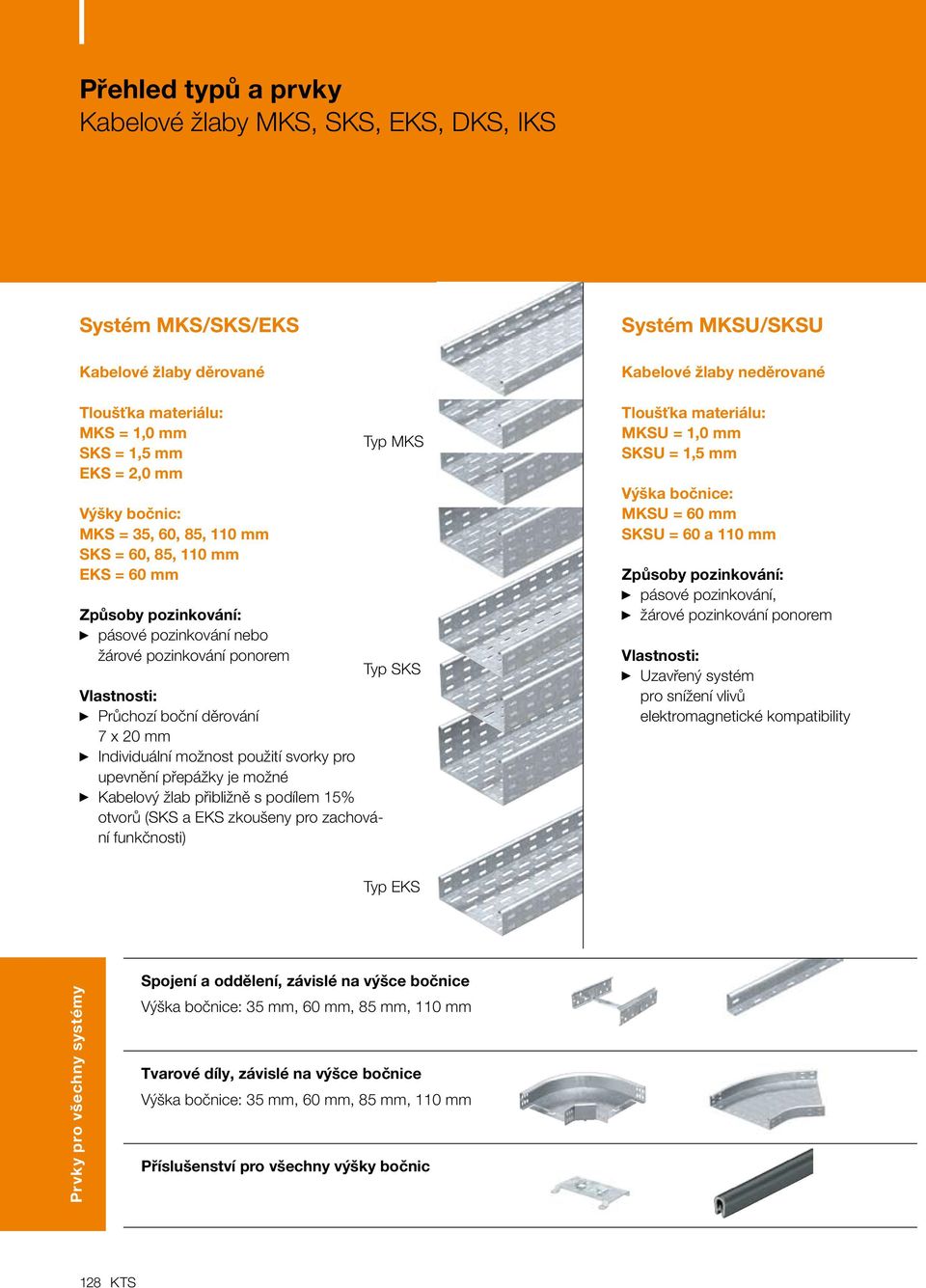 je možné Kabelový žlab přibližně s podílem 15% otvorů (SKS a EKS zkoušeny pro zachování funkčnosti) Systém MKSUSKSU Kabelové žlaby neděrované Tloušťka materiálu: MKSU = 1,0 SKSU = 1,5 Výška bočnice: