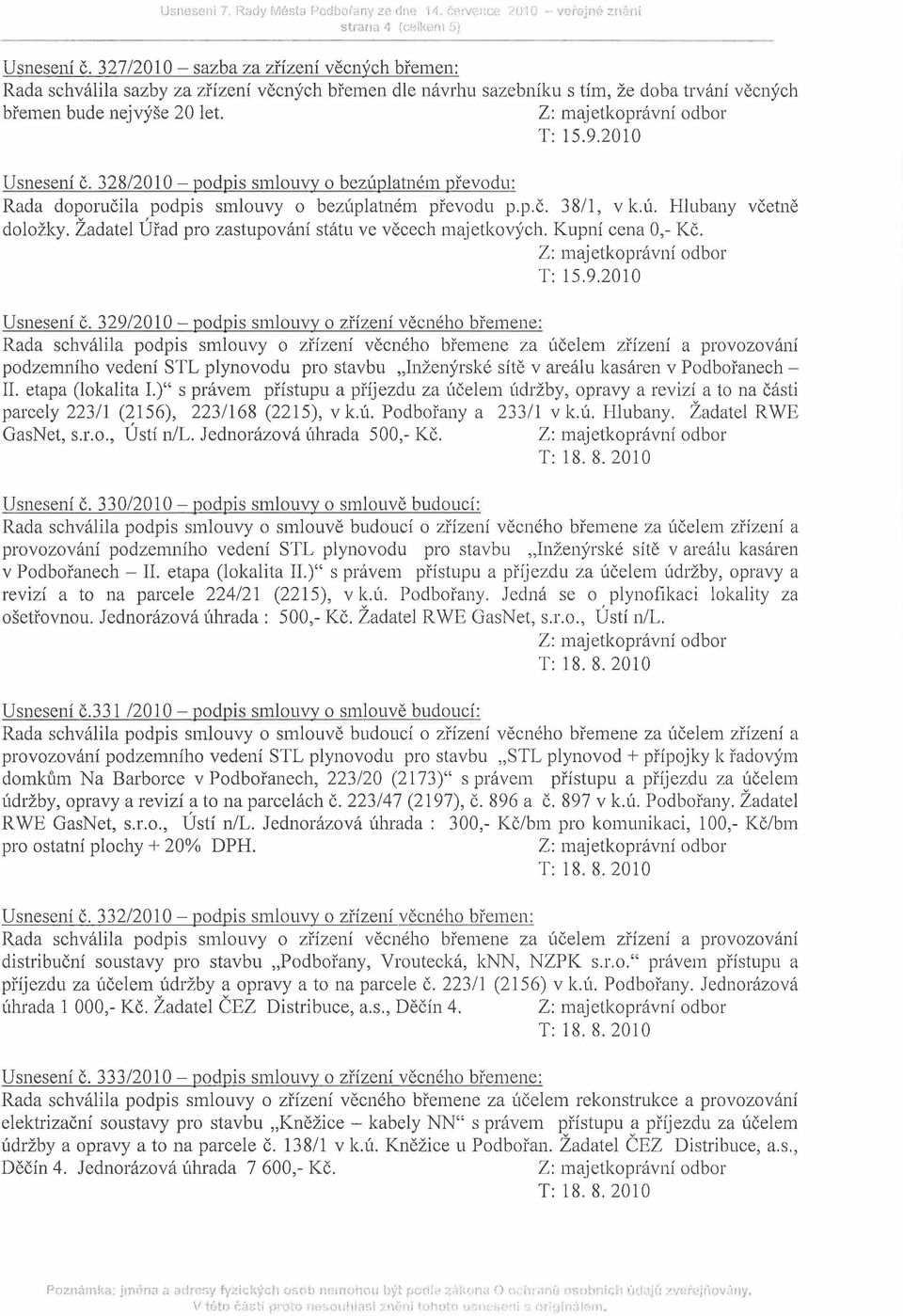 328/2010 - podpis smlouvy o bezúplatném převodu: Rada doporučila podpis smlouvy o bezúplatném převodu p.p.č. 38/1, v k.ú. Hlubany včetně doložky.