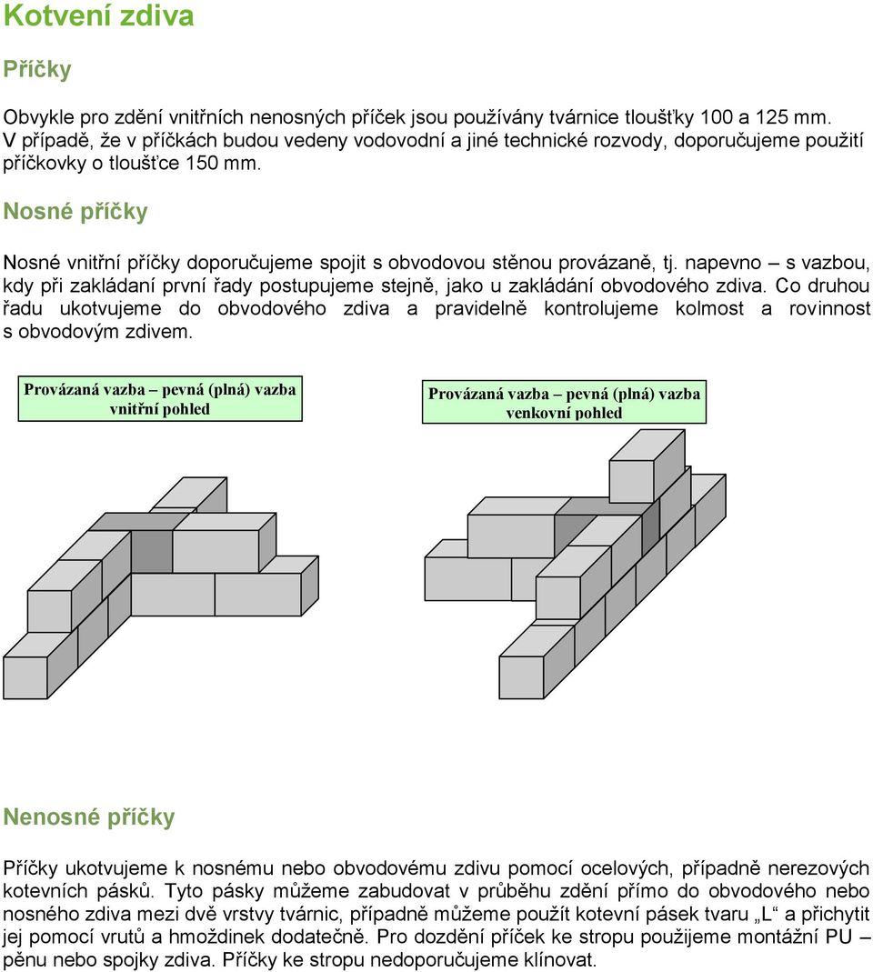 Nosné příčky Nosné vnitřní příčky doporučujeme spojit s obvodovou stěnou provázaně, tj. napevno s vazbou, kdy při zakládaní první řady postupujeme stejně, jako u zakládání obvodového zdiva.