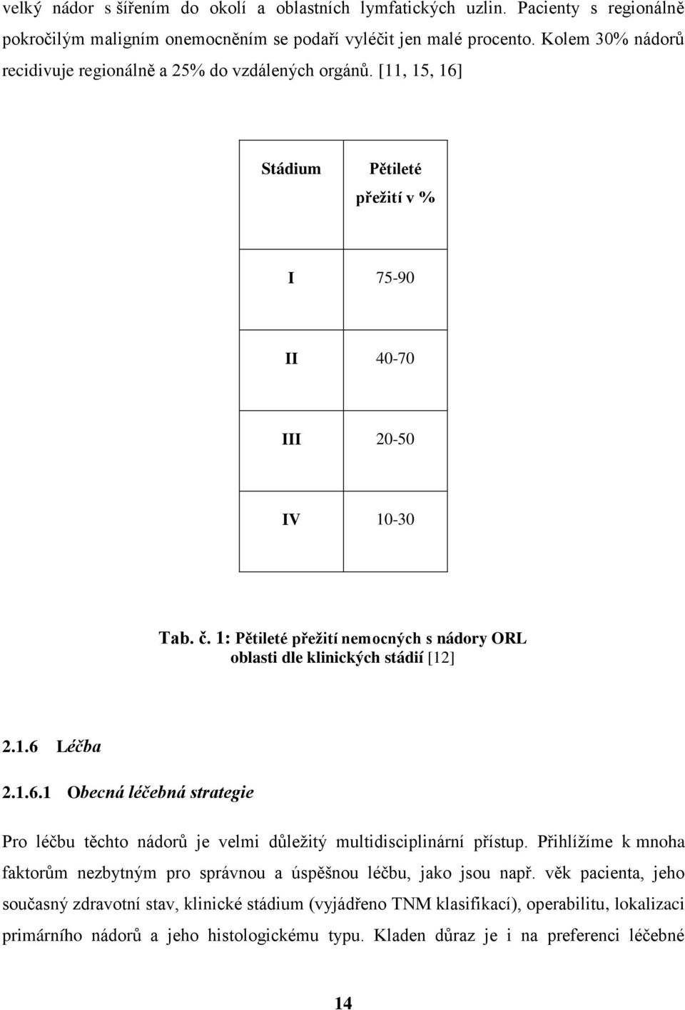 1: Pětileté přeţití nemocných s nádory ORL oblasti dle klinických stádií [12] 2.1.6 Léčba 2.1.6.1 Obecná léčebná strategie Pro léčbu těchto nádorů je velmi důleţitý multidisciplinární přístup.