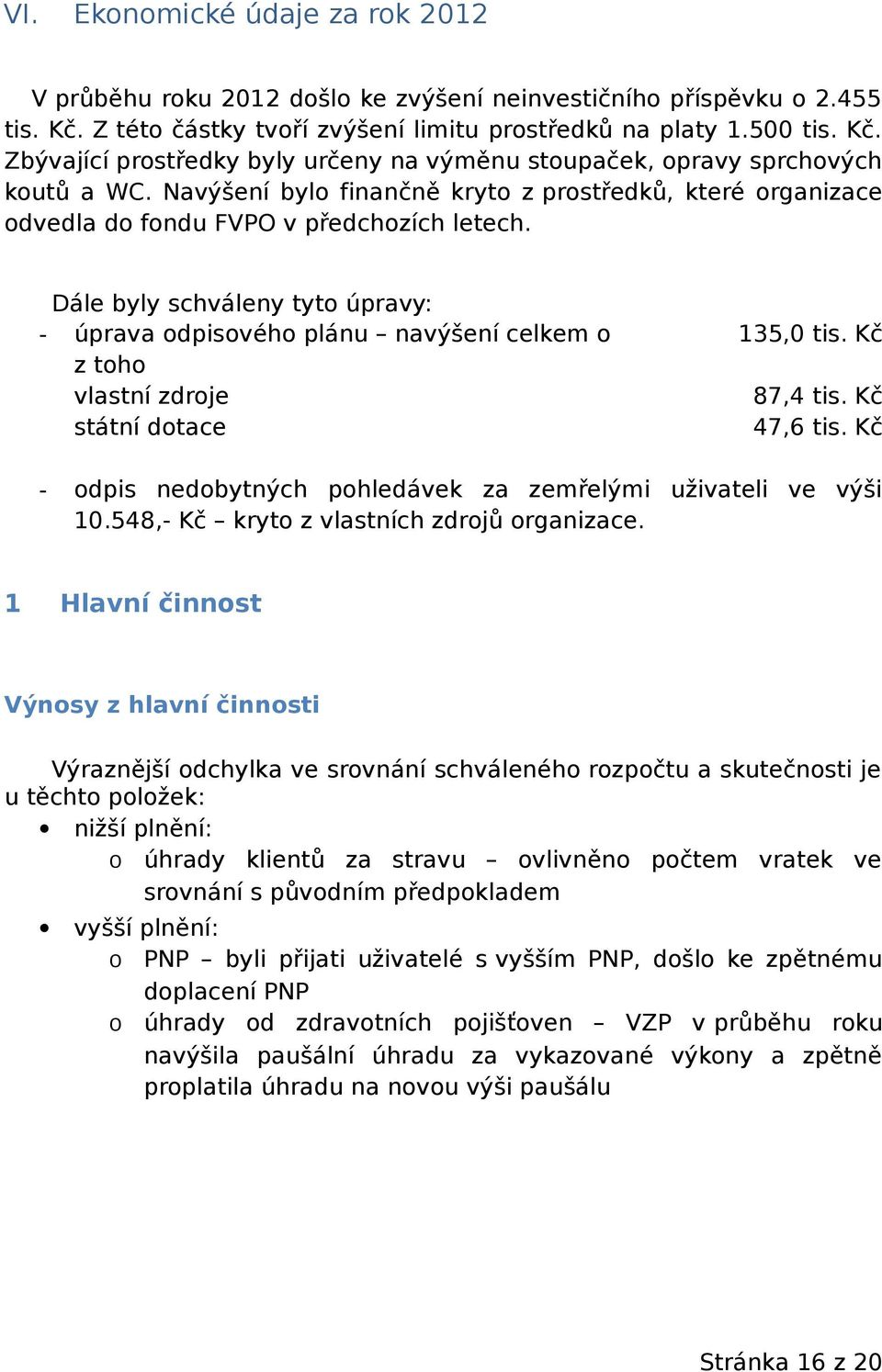 Dále byly schváleny tyto úpravy: úprava odpisového plánu navýšení celkem o z toho vlastní zdroje státní dotace 1 135,0 tis. Kč 87,4 tis. Kč 47,6 tis.