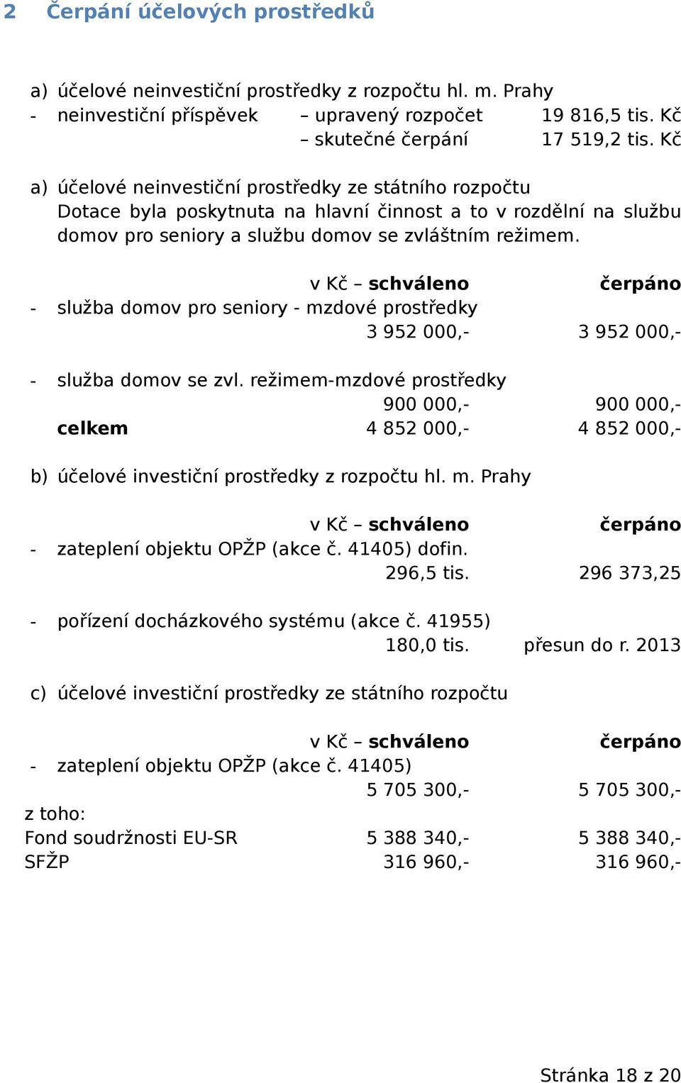 v Kč schváleno služba domov pro seniory mzdové prostředky 3 952 000, čerpáno 3 952 000, služba domov se zvl.