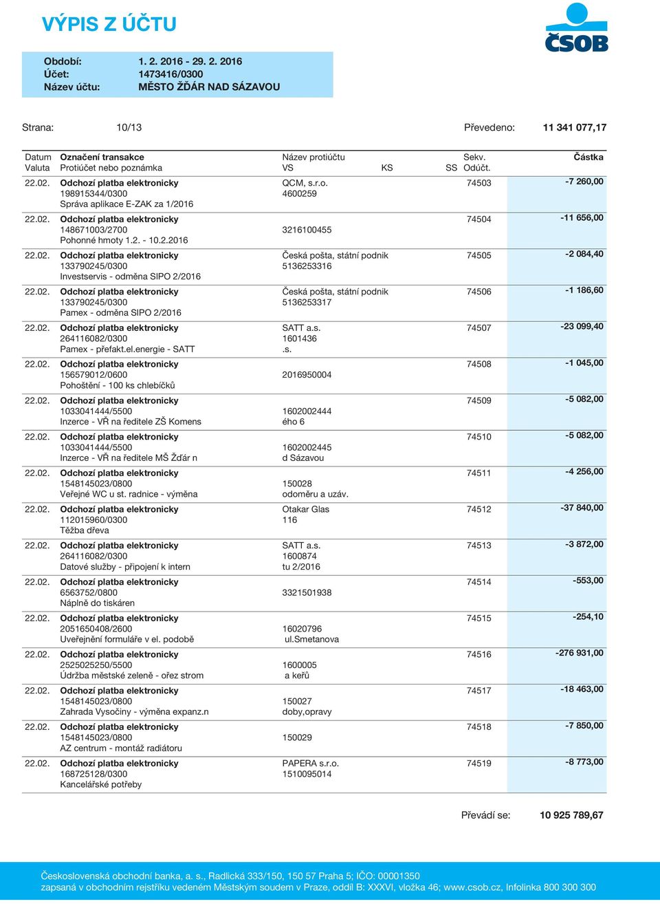 156579012/0600 2016950004 Pohoštění - 100 ks chlebíčků 1033041444/5500 1602002444 Inzerce - VŘ na ředitele ZŠ Komens ého 6 1033041444/5500 1602002445 Inzerce - VŘ na ředitele MŠ Žďár n d Sázavou