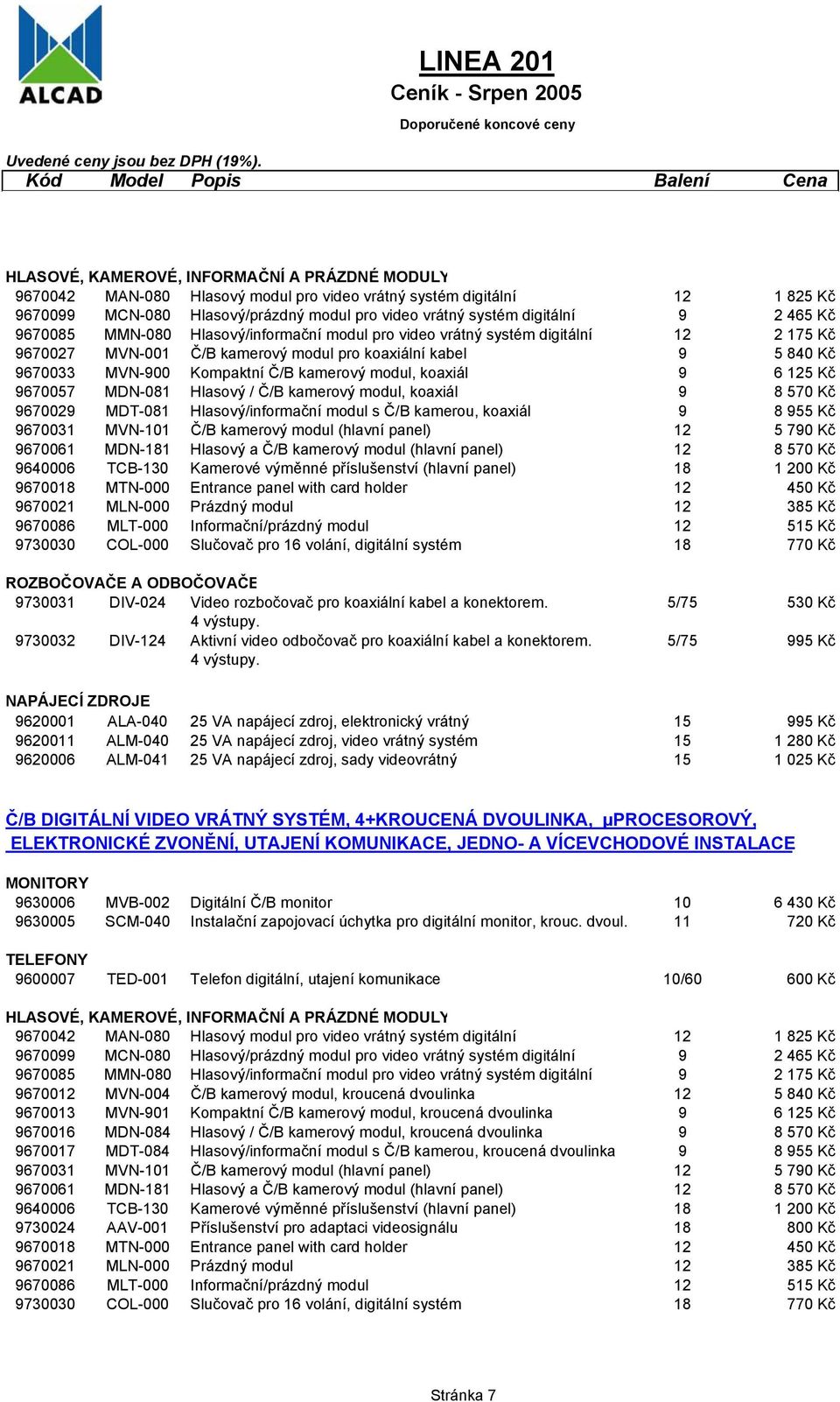 modul, koaxiál 9 6 125 Kč 9670057 MDN-081 Hlasový / Č/B kamerový modul, koaxiál 9 8 570 Kč 9670029 MDT-081 Hlasový/informační modul s Č/B kamerou, koaxiál 9 8 955 Kč 9670031 MVN-101 Č/B kamerový