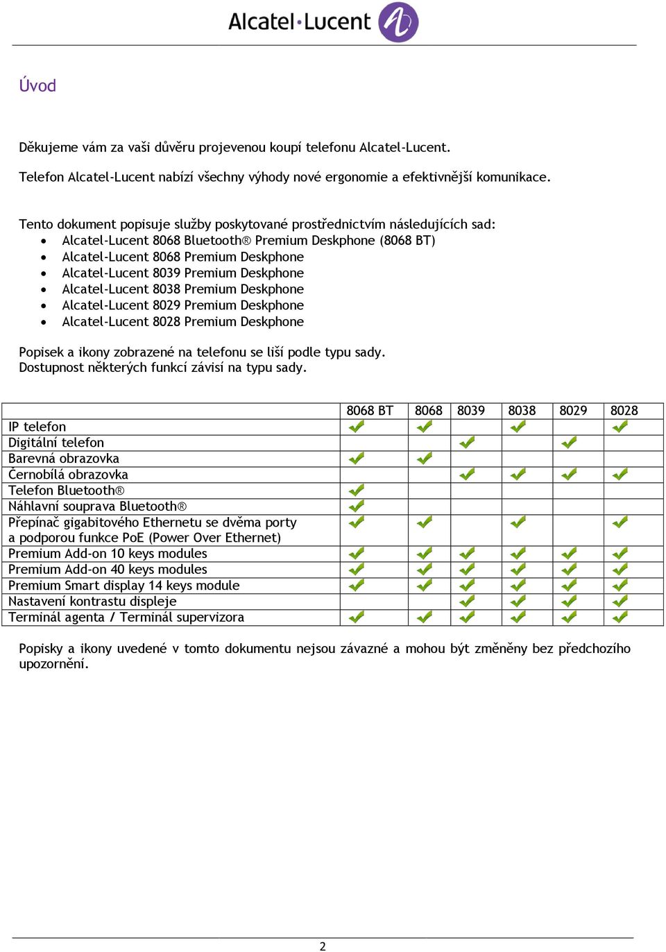 Premium Deskphone Alcatel-Lucent 8038 Premium Deskphone Alcatel-Lucent 8029 Premium Deskphone Alcatel-Lucent 8028 Premium Deskphone Popisek a ikony zobrazené na telefonu se liší podle typu sady.