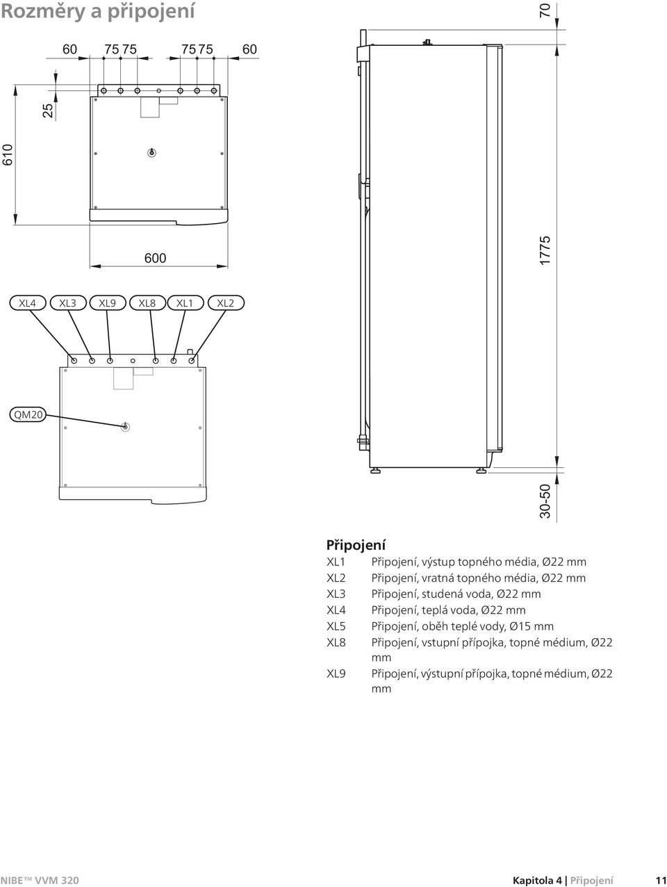 voda, Ø22 mm XL4 Připojení, teplá voda, Ø22 mm XL5 Připojení, oběh teplé vody, Ø15 mm XL8 Připojení,