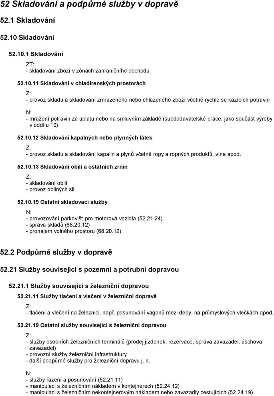 1 Skladování ZT: - skladování zboží v zónách zahraničního obchodu 52.10.