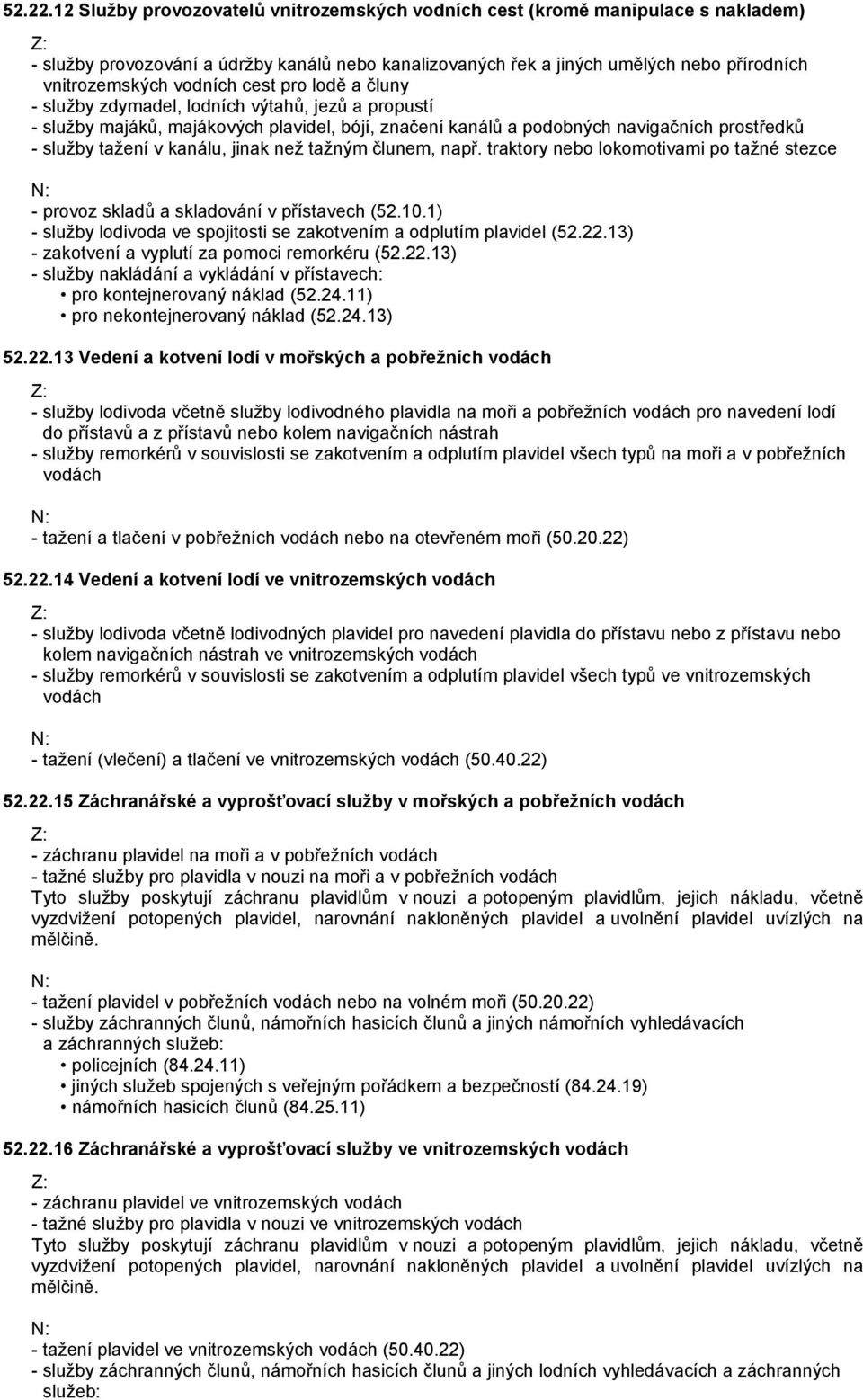 cest pro lodě a čluny - služby zdymadel, lodních výtahů, jezů a propustí - služby majáků, majákových plavidel, bójí, značení kanálů a podobných navigačních prostředků - služby tažení v kanálu, jinak