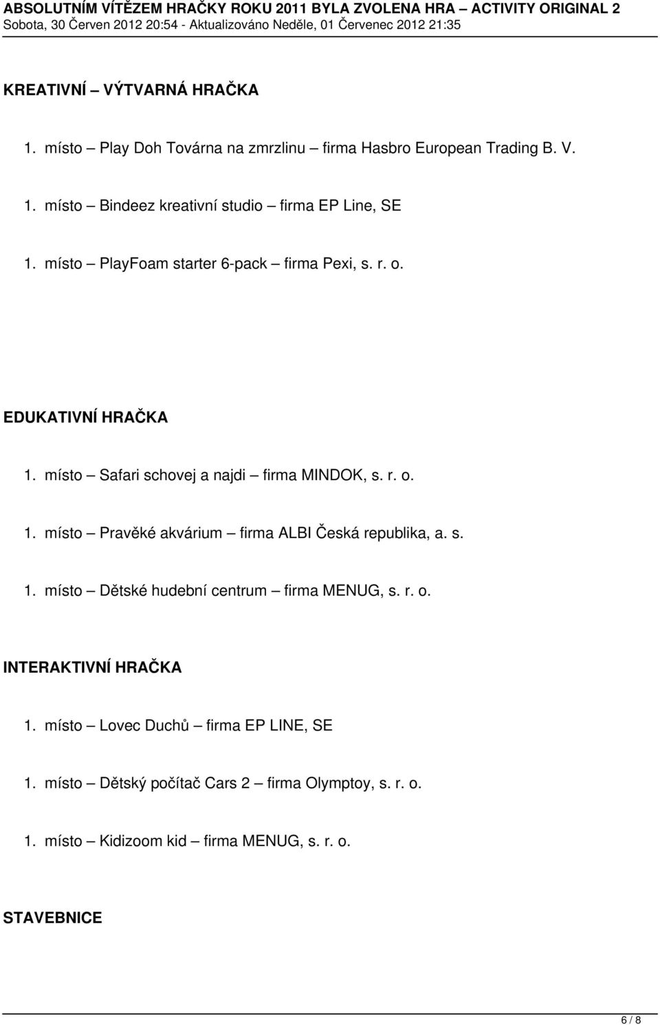 s. 1. místo Dětské hudební centrum firma MENUG, s. r. o. INTERAKTIVNÍ HRAČKA 1. místo Lovec Duchů firma EP LINE, SE 1.