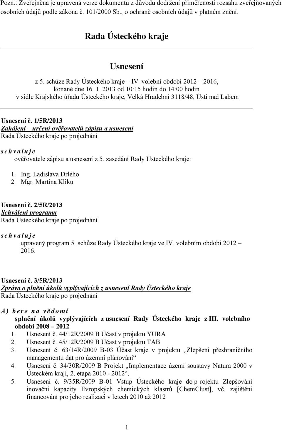 1/5R/2013 Zahájení určení ověřovatelů zápisu a usnesení schvaluje ověřovatele zápisu a usnesení z 5. zasedání Rady Ústeckého kraje: 1. Ing. Ladislava Drlého 2. Mgr. Martina Kliku Usnesení č.