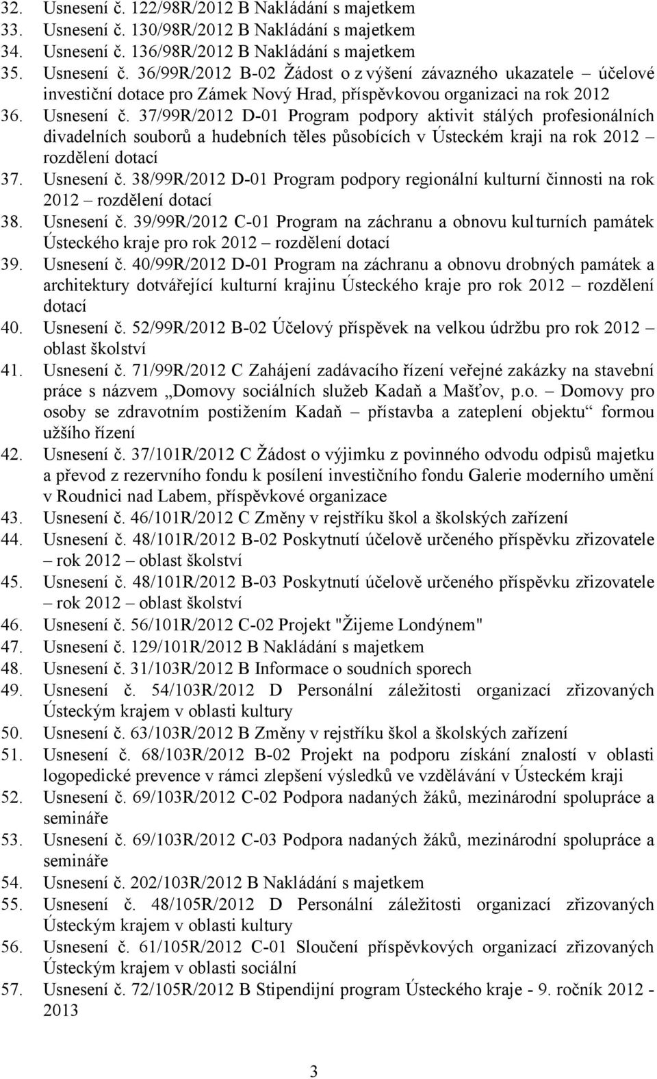 38/99R/2012 D-01 Program podpory regionální kulturní činnosti na rok 2012 rozdělení dotací 38. Usnesení č.