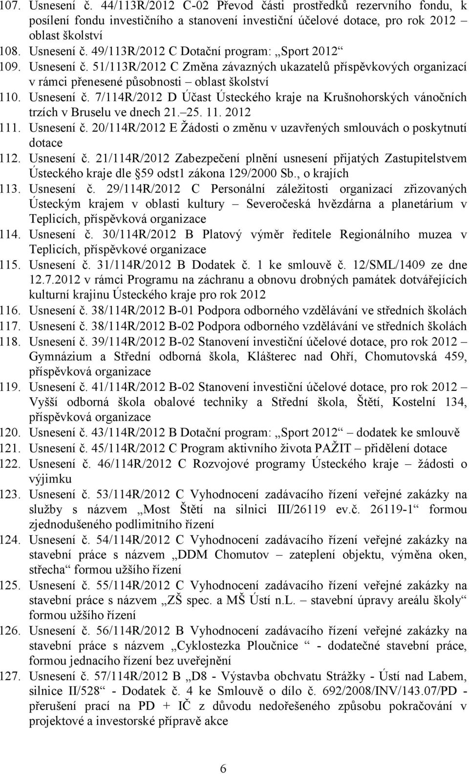 7/114R/2012 D Účast Ústeckého kraje na Krušnohorských vánočních trzích v Bruselu ve dnech 21. 25. 11. 2012 111. Usnesení č.