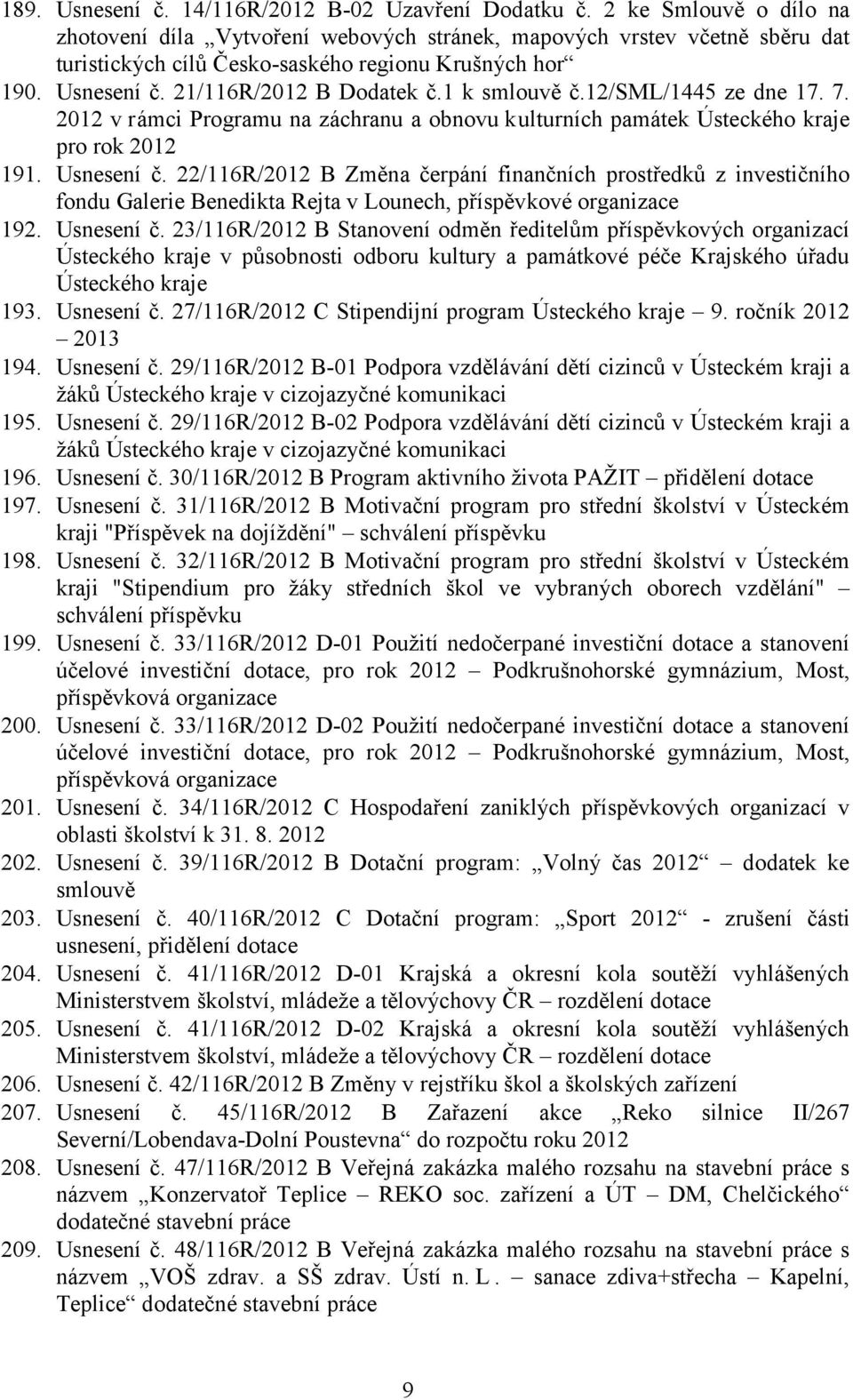 1 k smlouvě č.12/sml/1445 ze dne 17. 7. 2012 v rámci Programu na záchranu a obnovu kulturních památek Ústeckého kraje pro rok 2012 191. Usnesení č.