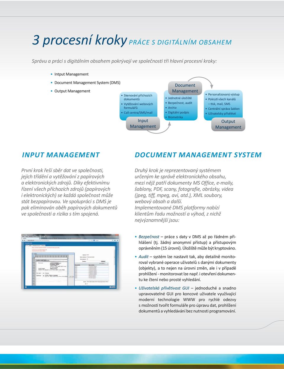 Centrální správa šablon Uživatelsky přívětivé Output INPUT MANAGEMENT První krok řeší sběr dat ve společnosti, jejich třídění a vytěžování z papírových a elektronických zdrojů.