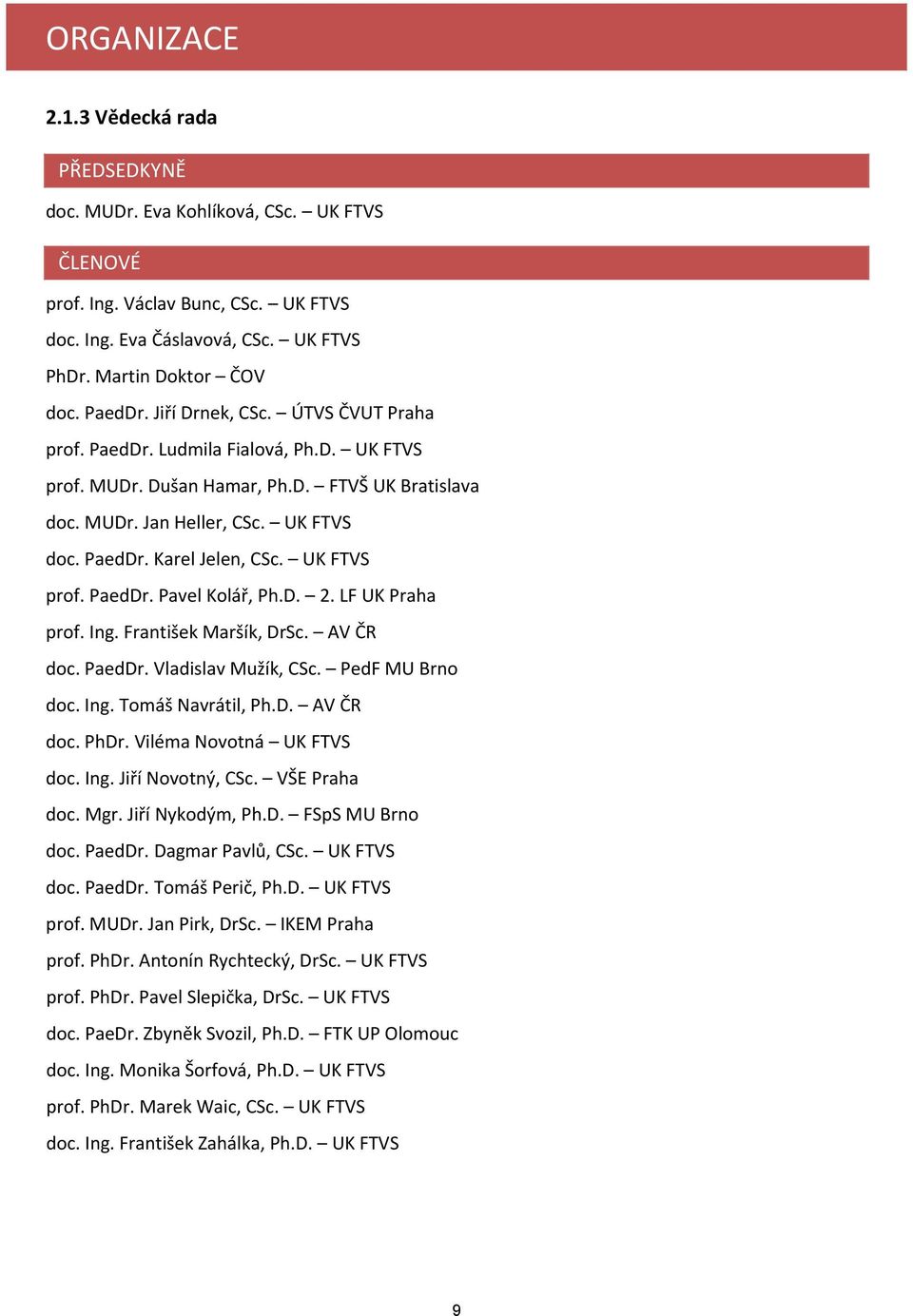UK FTVS prof. PaedDr. Pavel Kolář, Ph.D. 2. LF UK Praha prof. Ing. František Maršík, DrSc. AV ČR doc. PaedDr. Vladislav Mužík, CSc. PedF MU Brno doc. Ing. Tomáš Navrátil, Ph.D. AV ČR doc. PhDr.