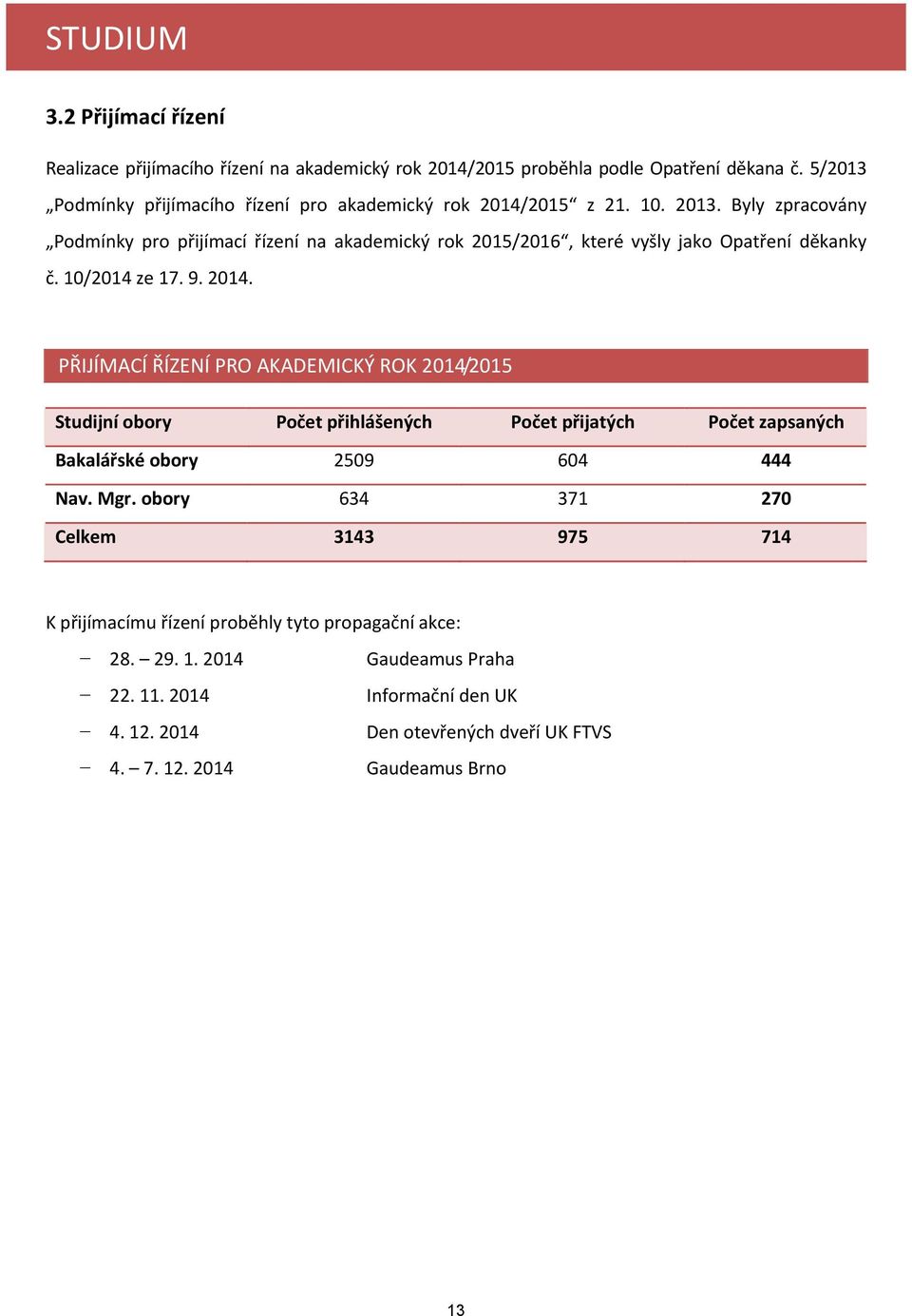 Byly zpracovány Podmínky pro přijímací řízení na akademický rok 2015/2016, které vyšly jako Opatření děkanky č. 10/2014 ze 17. 9. 2014.