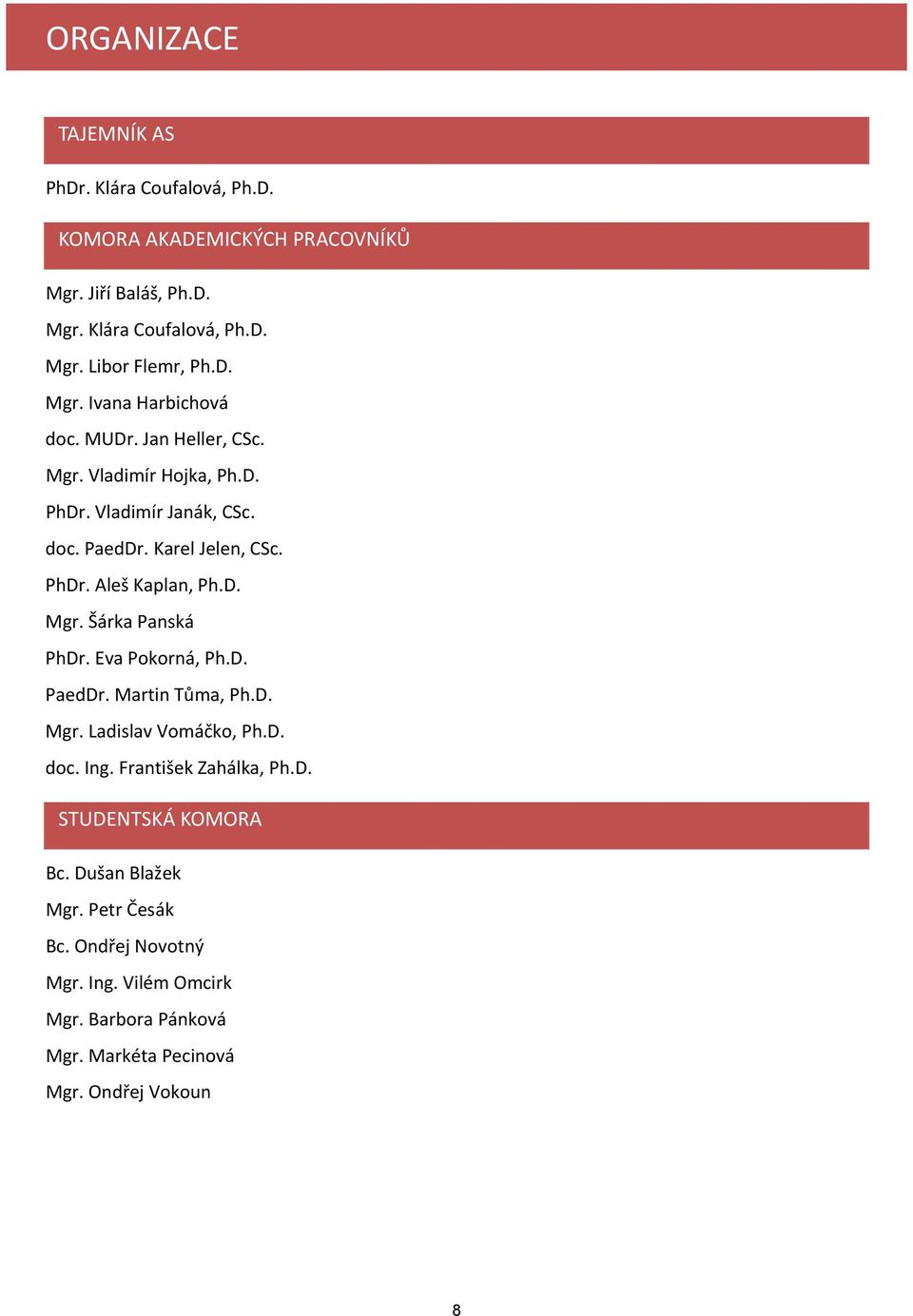 D. Mgr. Šárka Panská PhDr. Eva Pokorná, Ph.D. PaedDr. Martin Tůma, Ph.D. Mgr. Ladislav Vomáčko, Ph.D. doc. Ing. František Zahálka, Ph.D. STUDENTSKÁ KOMORA Bc.