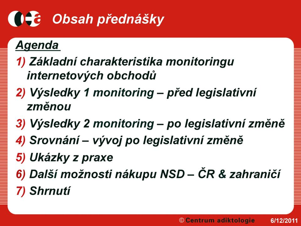 3) Výsledky 2 monitoring po legislativní změně 4) Srovnání vývoj po