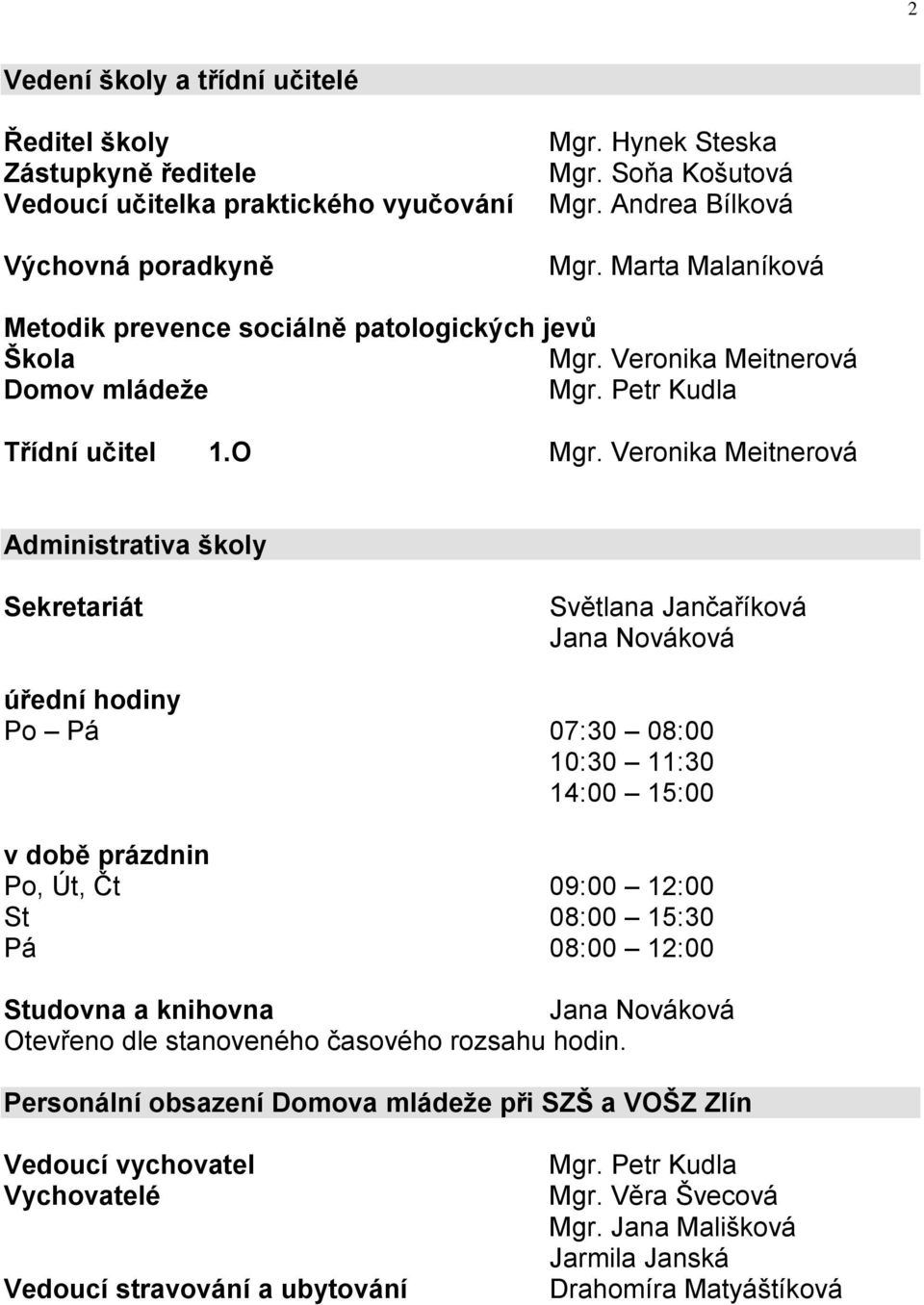 Veronika Meitnerová Administrativa školy Sekretariát Světlana Jančaříková Jana Nováková úřední hodiny Po Pá 07:30 08:00 10:30 11:30 14:00 15:00 v době prázdnin Po, Út, Čt 09:00 12:00 St 08:00 15:30