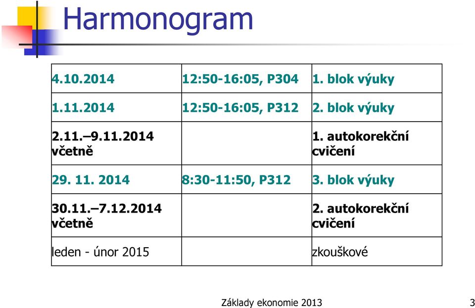 autokorekční cvičení 29. 11. 2014 8:30-11:50, P312 3. blok výuky 30.11. 7.