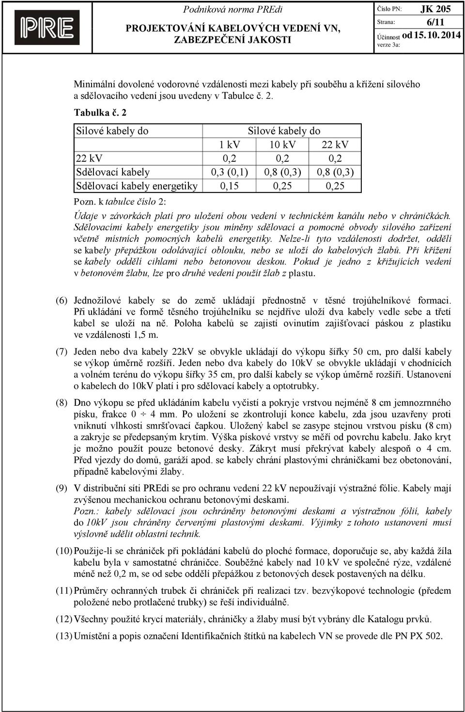 k tabulce číslo 2: Údaje v závorkách platí pro uložení obou vedení v technickém kanálu nebo v chráničkách.