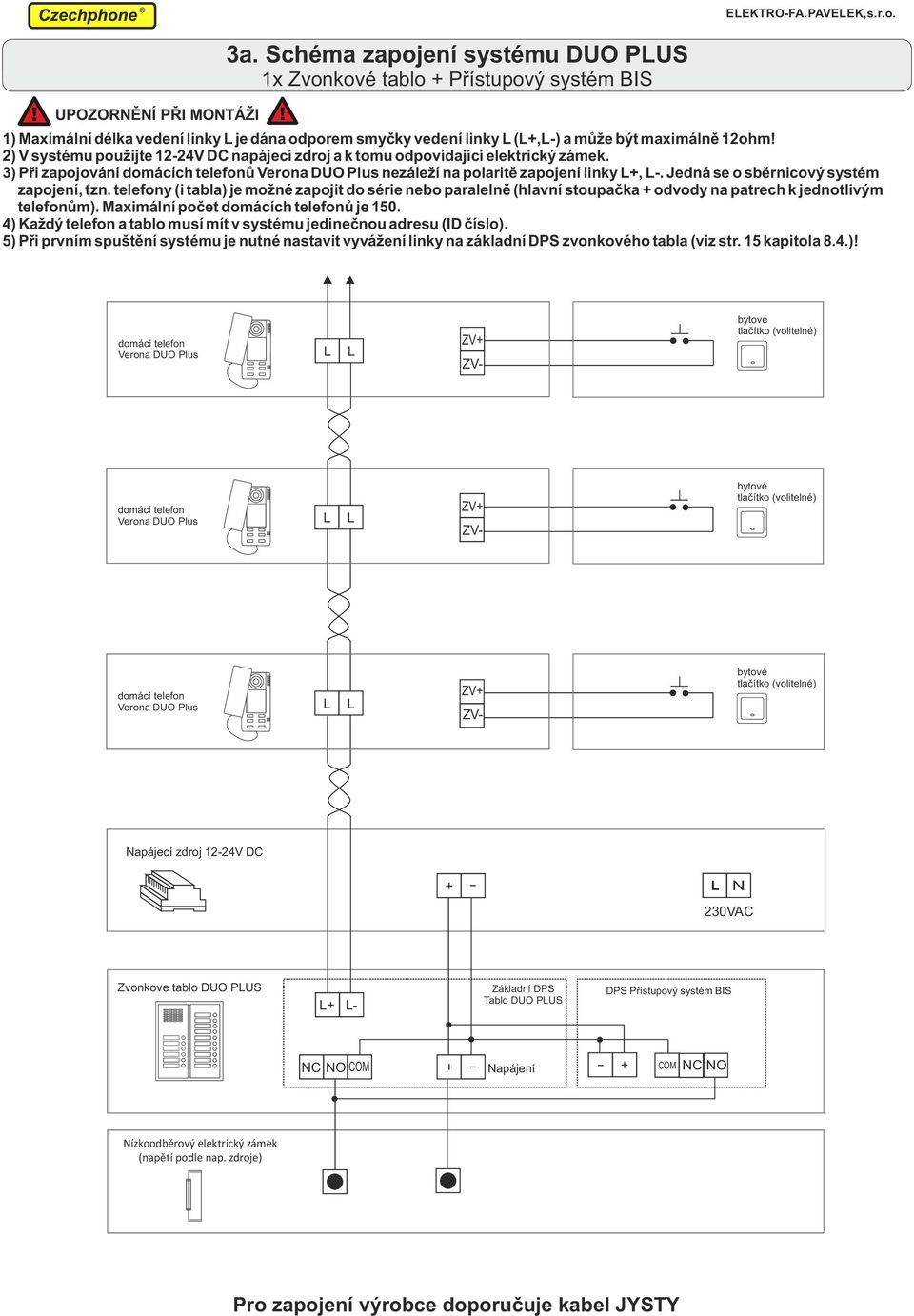 ) V systému použijte -V DC napájecí zdroj a k tomu odpovídající elektrický zámek. 3) Při zapojování domácích telefonů Verona DUO Plus nezáleží na polaritě zapojení linky L+, L-.