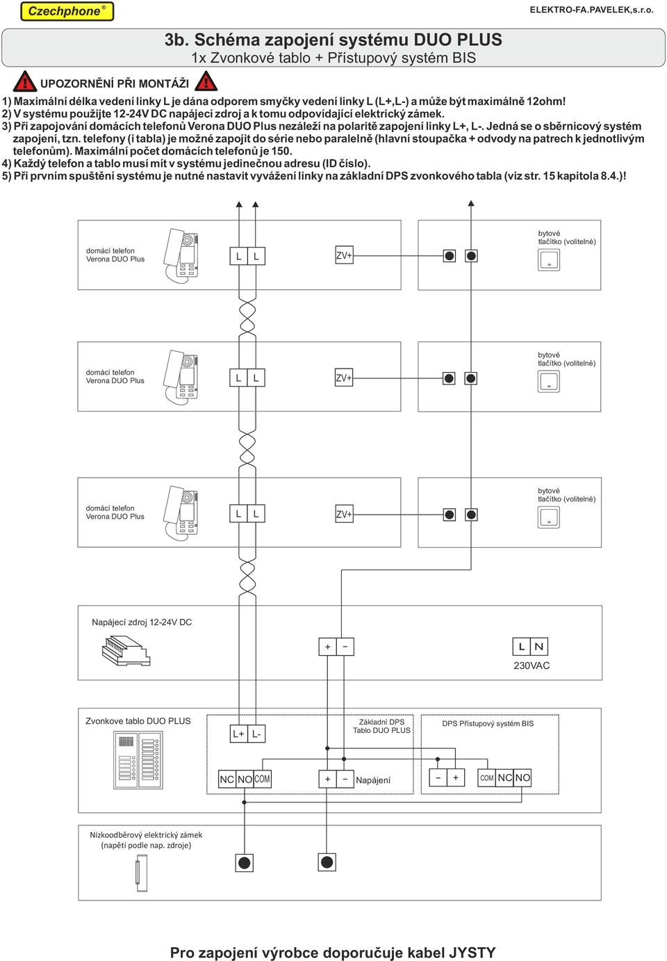 ) V systému použijte -V DC napájecí zdroj a k tomu odpovídající elektrický zámek. 3) Při zapojování domácích telefonů Verona DUO Plus nezáleží na polaritě zapojení linky L+, L-.