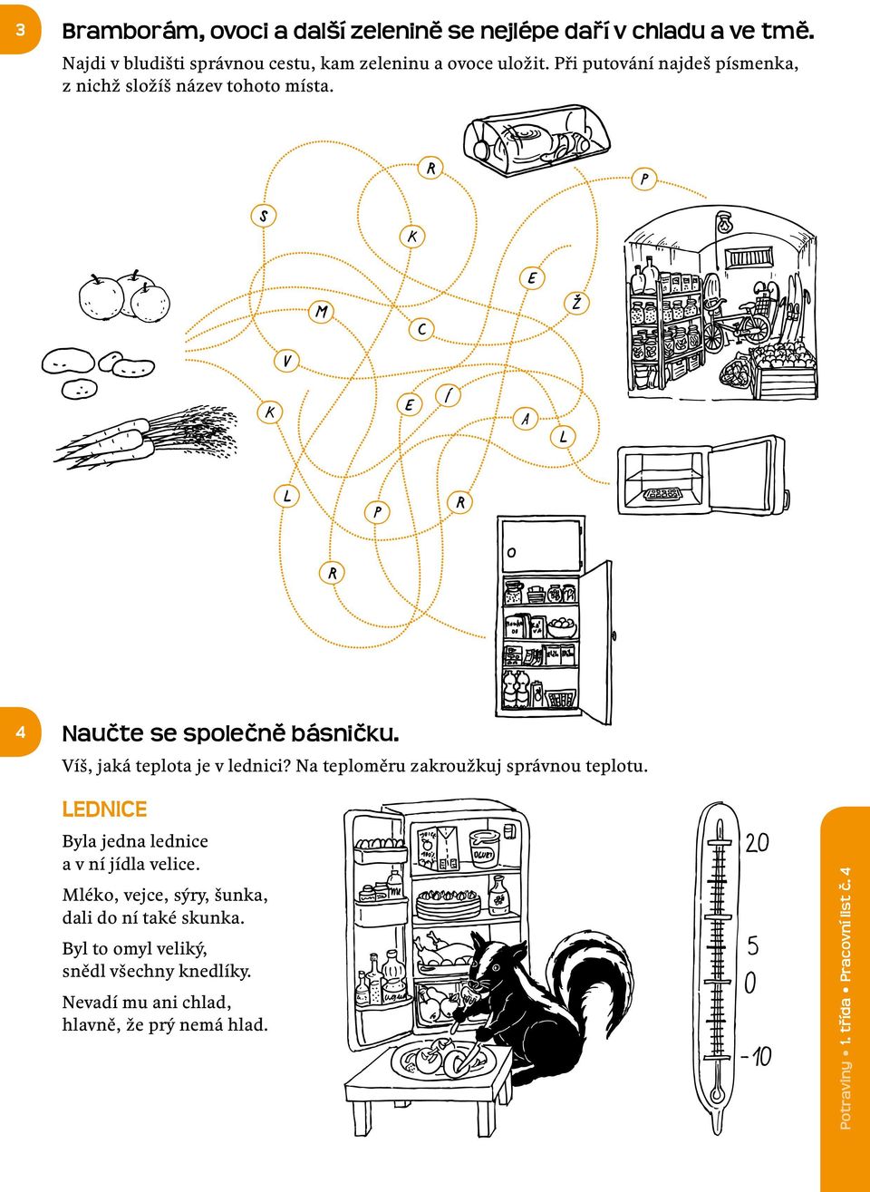 Víš, jaká teplota je v lednici? Na teploměru zakroužkuj správnou teplotu. LEDNICE Byla jedna lednice a v ní jídla velice.