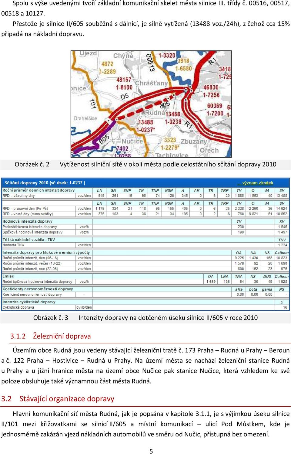 3 Intenzity dopravy na dotčeném úseku silnice II/605 v roce 2010 3.1.2 Železniční doprava Územím obce Rudná jsou vedeny stávající železniční tratě č. 173 Praha Rudná u Prahy Beroun a č.