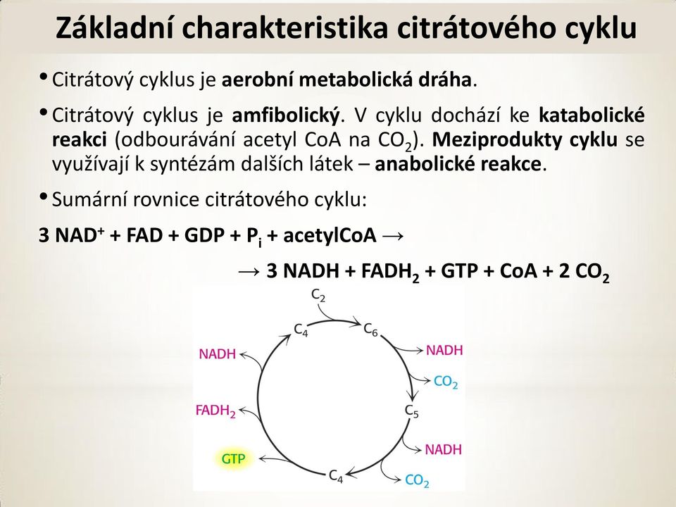 V cyklu dochází ke katabolické reakci (odbourávání acetyl oa na 2 ).