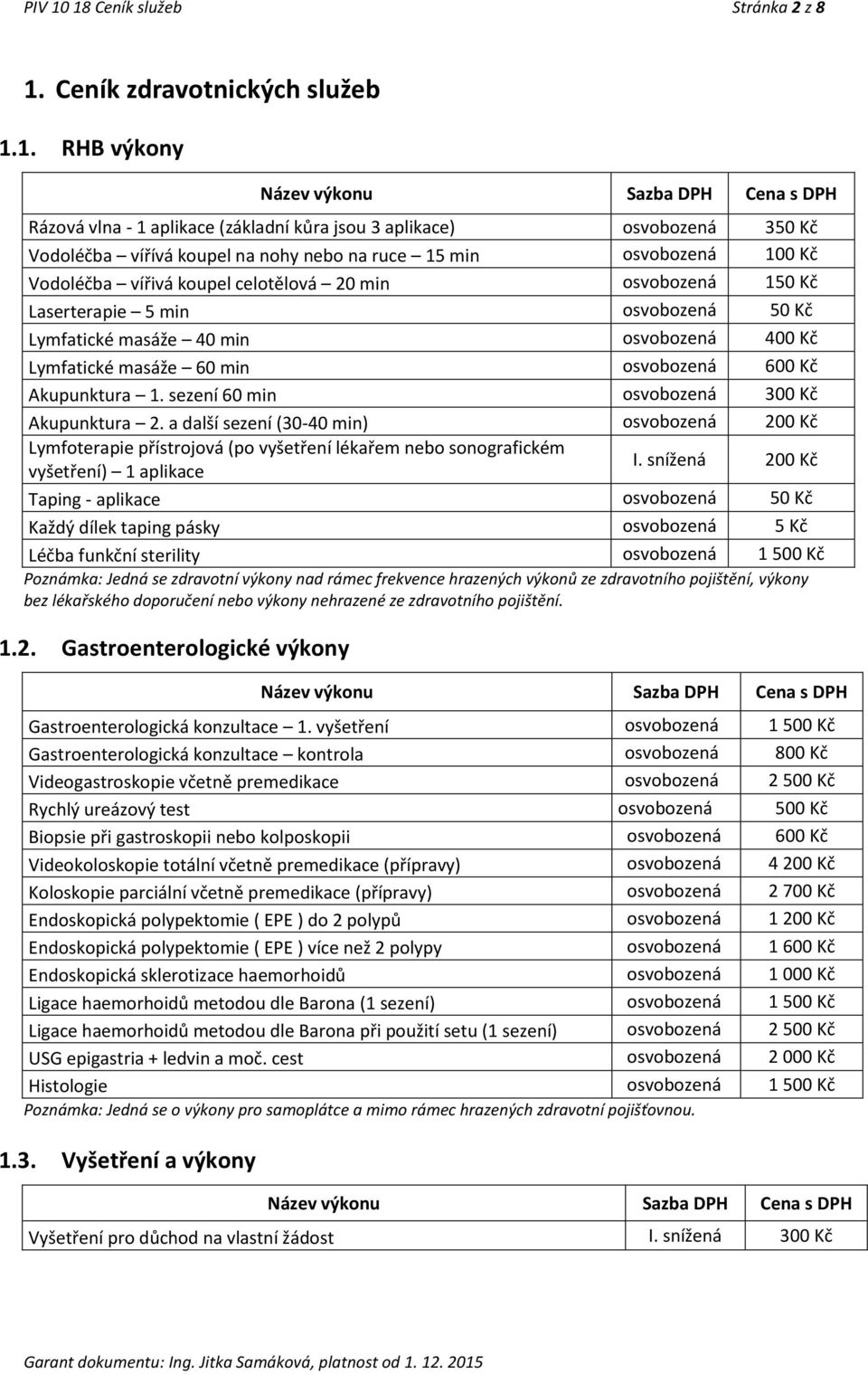 min osvobozená 100 Kč Vodoléčba vířivá koupel celotělová 20 min osvobozená 150 Kč Laserterapie 5 min osvobozená 50 Kč Lymfatické masáže 40 min osvobozená 400 Kč Lymfatické masáže 60 min osvobozená