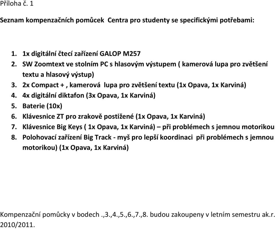 4x digitální diktafon (3x Opava, 1x Karviná) 5. Baterie (10x) 6. Klávesnice ZT pro zrakově postižené (1x Opava, 1x Karviná) 7.