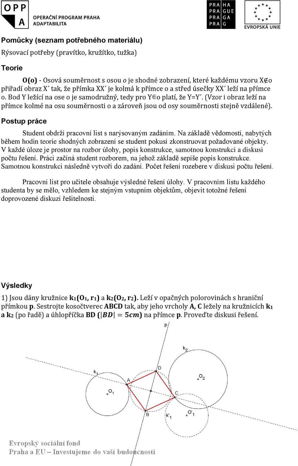 (Vzor i obraz leží na přímce kolmé na osu souměrnosti o a zároveň jsou od osy souměrnosti stejně vzdálené). Postup práce Student obdrží pracovní list s narýsovaným zadáním.