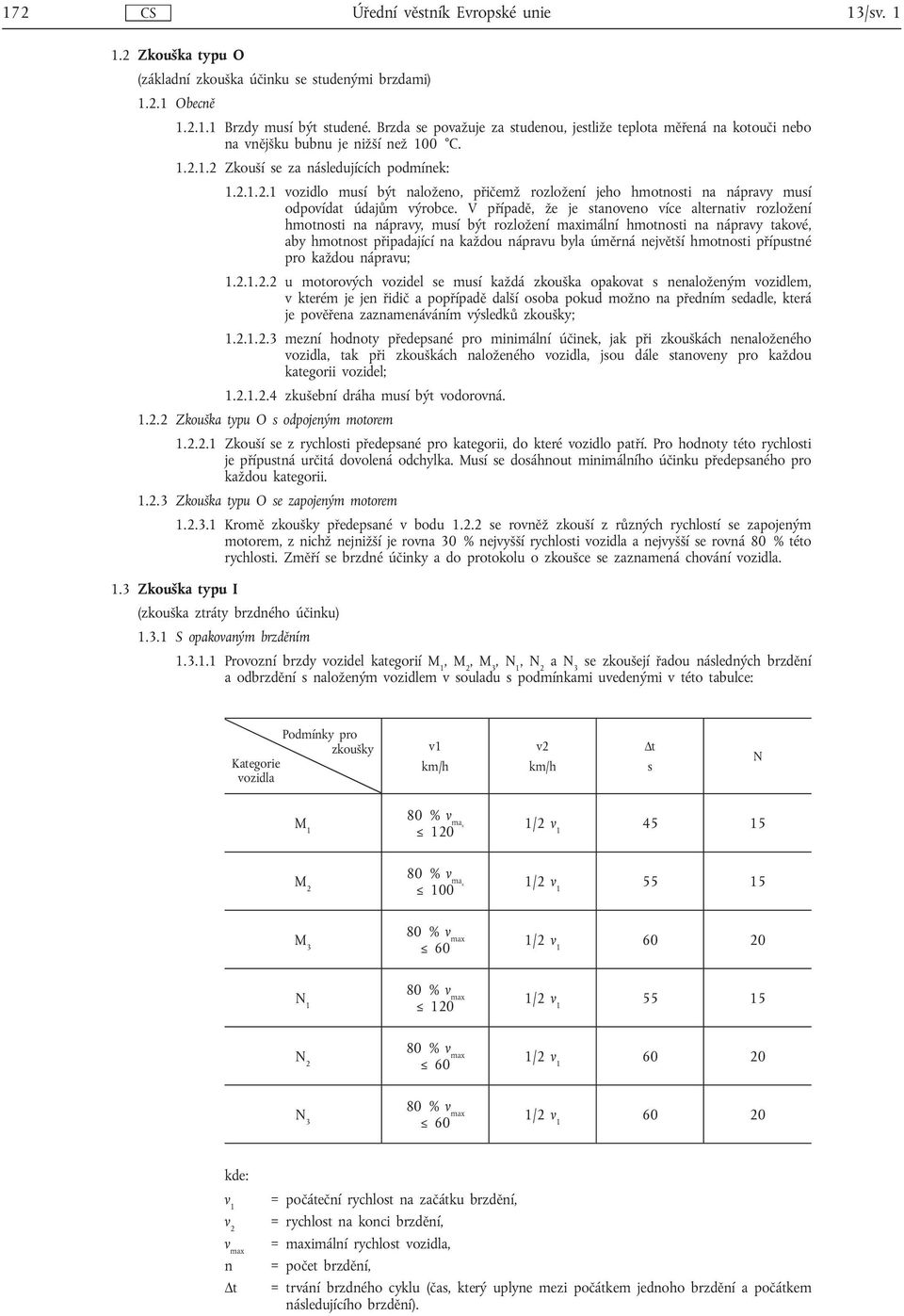 1.2 Zkouší se za následujících podmínek: 1.2.1.2.1 vozidlo musí být naloženo, přičemž rozložení jeho hmotnosti na nápravy musí odpovídat údajům výrobce.