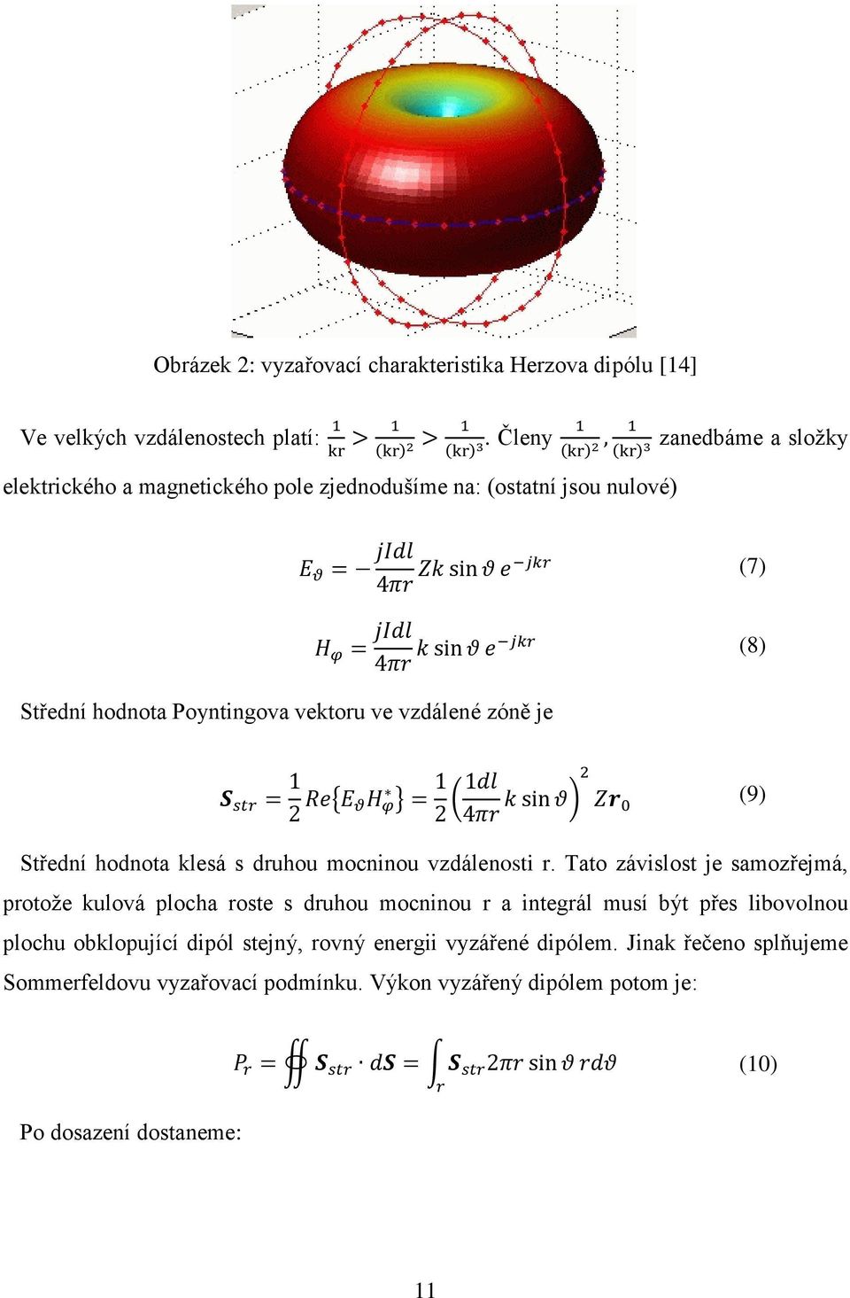 Poyntingova vektoru ve vzdálené zóně je S str = 1 2 Re{E θh φ } = 1 2 2 (1dl 4πr k sin θ) Zr 0 (9) Střední hodnota klesá s druhou mocninou vzdálenosti r.