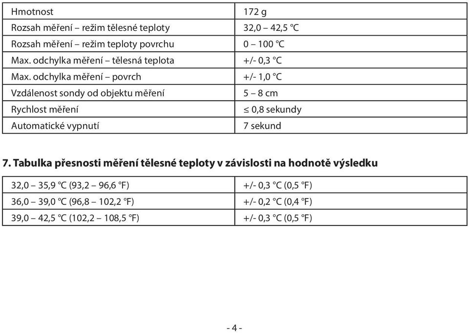 odchylka měření povrch +/- 1,0 C Vzdálenost sondy od objektu měření 5 8 cm Rychlost měření 0,8 sekundy Automatické vypnutí 7