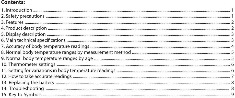 Normal body temperature ranges by measurement method... 5 9. Normal body temperature ranges by age... 5 10. Thermometer settings.