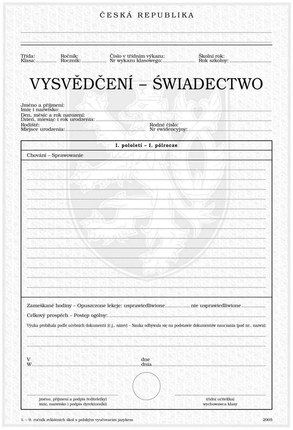 .. Chování Sprawowanie I. pololetí I. pólrocze Zameškané hodiny Opuszczone lekcje: usprawiedliwione...nie usprawiedliwione... Celkový prospěch Postęp ogólny:.