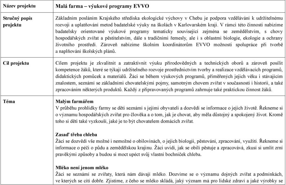 V rámci této činnosti nabízíme badatelsky orientované výukové programy tematicky související zejména se zemědělstvím, s chovy hospodářských zvířat a pěstitelstvím, dále s tradičními řemesly, ale i s