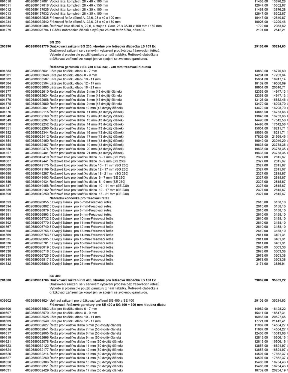 10447,00 12640,87 091234 4032689032542 Frézovací řetěz dělení A, 22,6, 28 x 40 x 150 mm 10926,00 13220,46 091683 4032689049304 Řetězové kolo dělení A, 22,6, 4 stojan f. Garn.